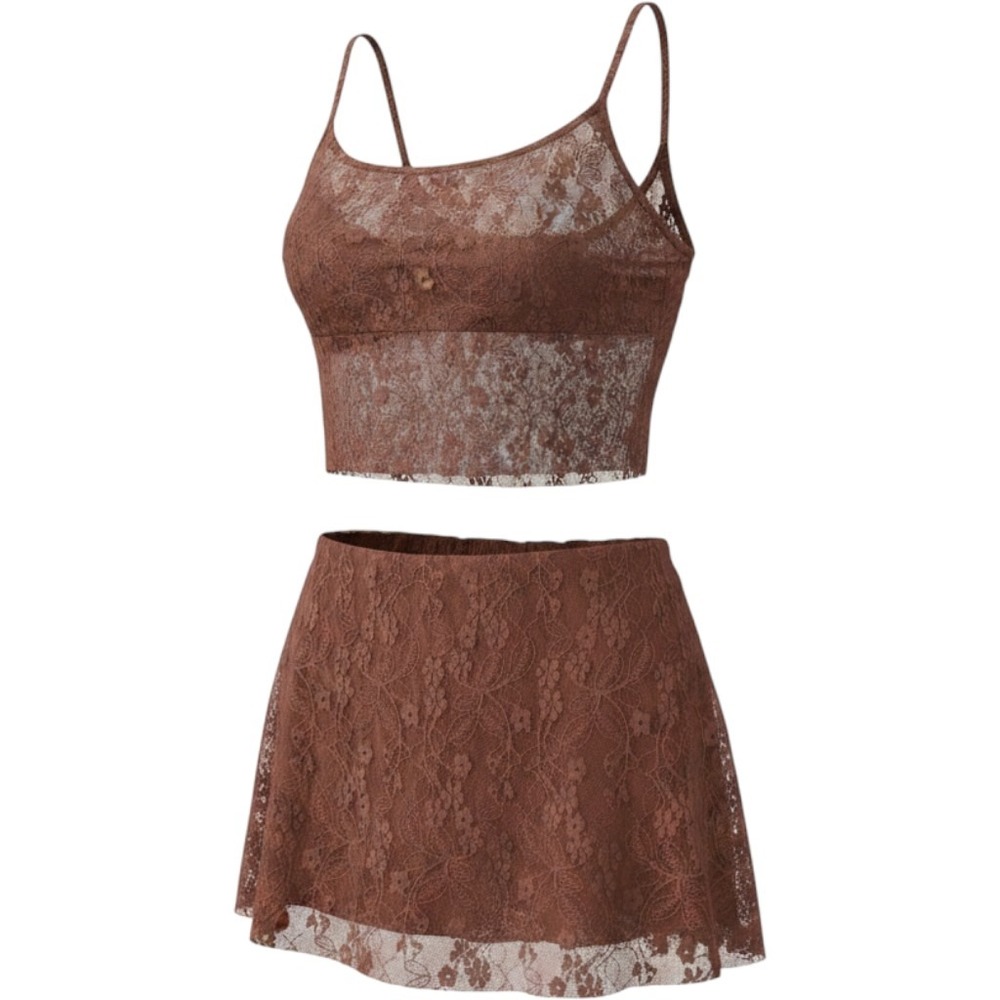 Edikted Brown Lace Two Piece Set Size Small Crop Top and Mini Skirt Y2K Boho